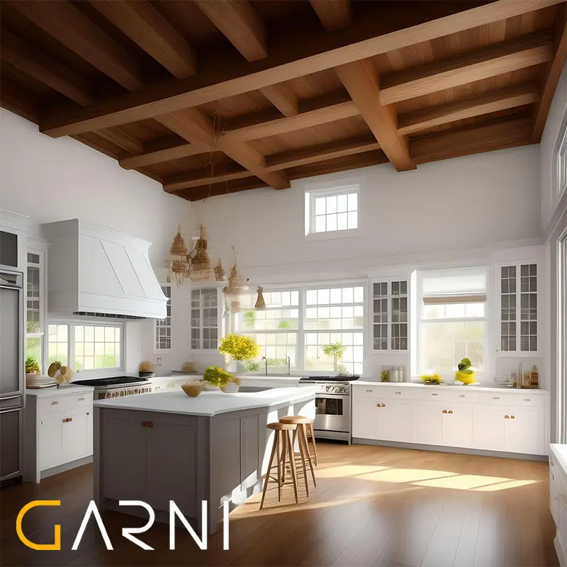 آشپزخانه با کابینت کلاسیک سفید و سقف با تزئینات چوبی